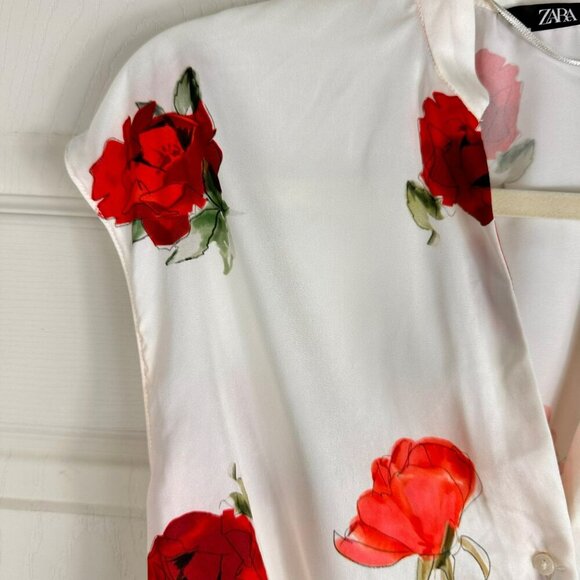 Zara Beige‎ Rose Print Knot Tie Sleeveless Shirt Blouse Size XS - Picture 6 of 13